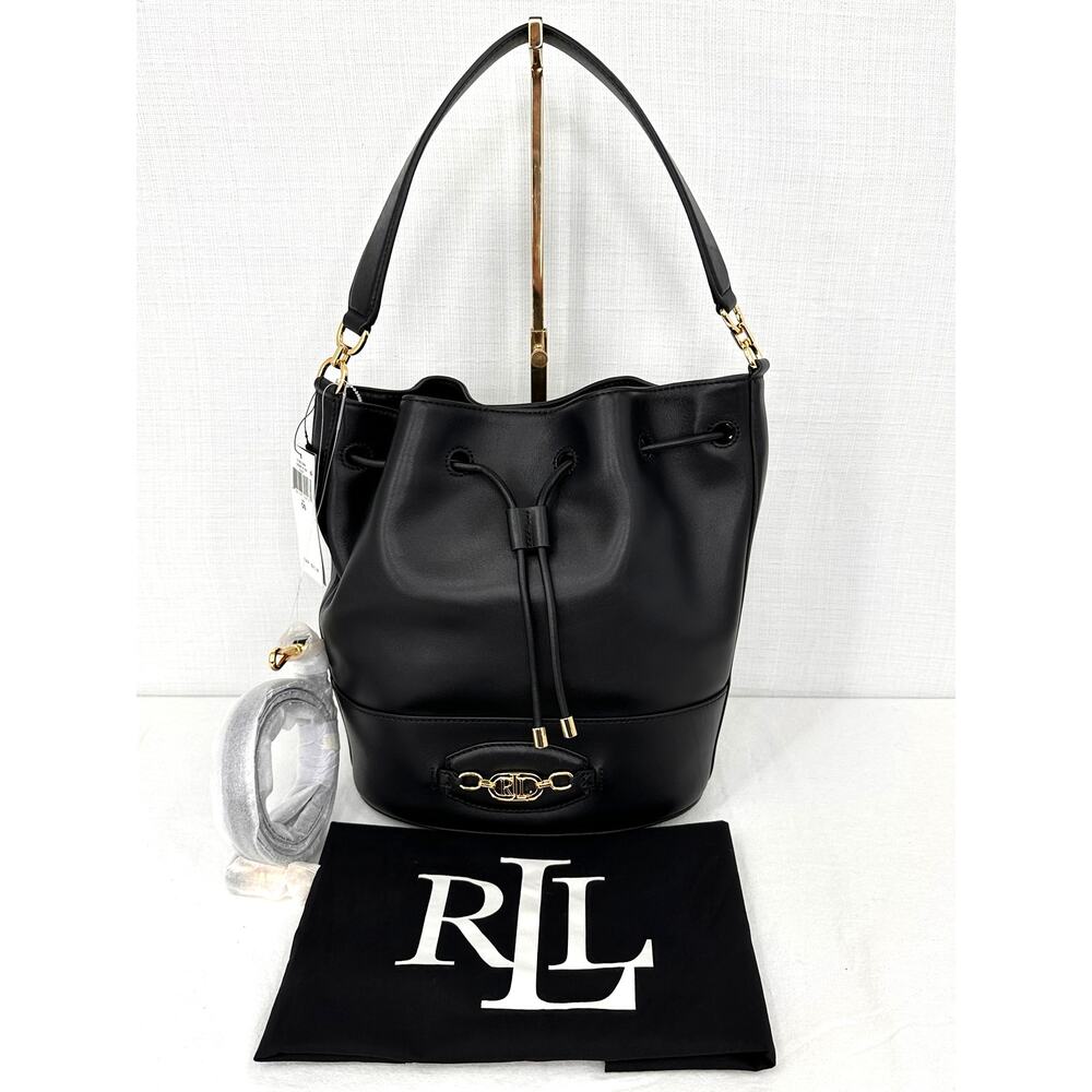 Lauren Ralph Lauren Andie Drawstring Bucket Bag Black Leather NWT $375